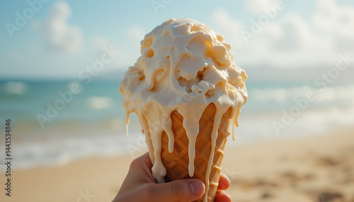 Close-up of a melting ice cream cone held in a child’s hand, against a blurred beach background. Hyper-detailed textures of the ice cream, drips, and skin.