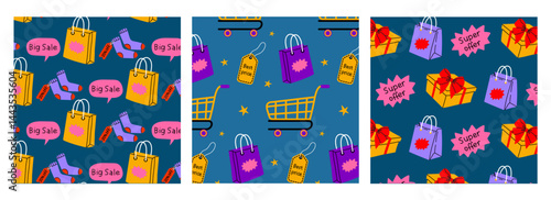 Colorful shopping patterns featuring bags, gift boxes, and promotional tags creating a vibrant design for a special sale