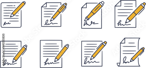 Pen signing a contract with signature icon set in line style. business management symbol. Pen, Signature, Paper signs, vector illustration

