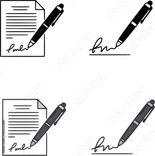 Pen signing a contract with signature icon set in line style. business management symbol. Pen, Signature, Paper signs, vector illustration
