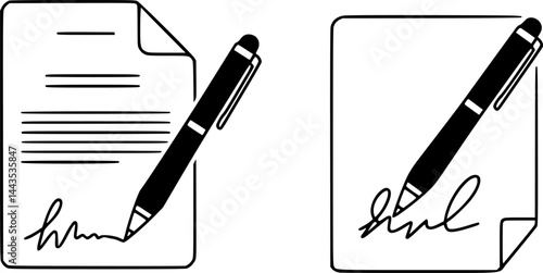 Pen signing a contract with signature icon set in line style. business management symbol. Pen, Signature, Paper signs, vector illustration
