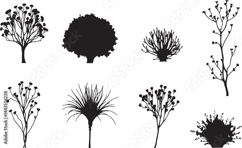 A set of shrubs, bushes, trees. Hand drawn vector illustration