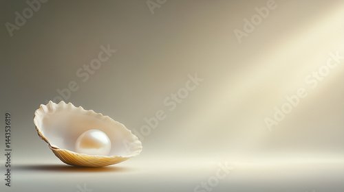 Single pearl in open shell on neutral background minimal still life
