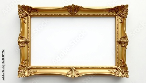 Elegant gold frame, ornate details, white backdrop, blank, craft, shiny