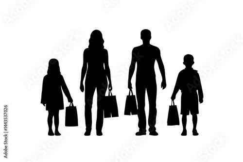 Silhouette of a family of four, consisting of parents and children holding shopping bags