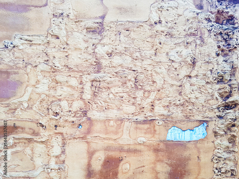 Close-up of a weathered wall showcasing an array of textures and colors. The surface displays peeling paint and intricate patterns, highlighting age and neglect, creating a unique visual story
