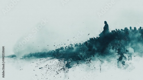 Sermon on the Mount. Watercolor interpretation of the Sermon on the Mount, with simplified figures and a serene, washed background.

