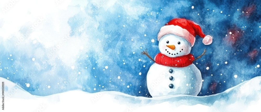Fototapeta premium Watercolor snowman with red santa hat