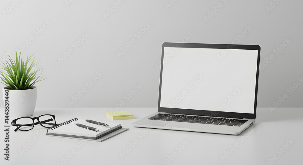 Organized Modern Desk with Open Laptop in Office Organized Modern Desk with Open Laptop in Office