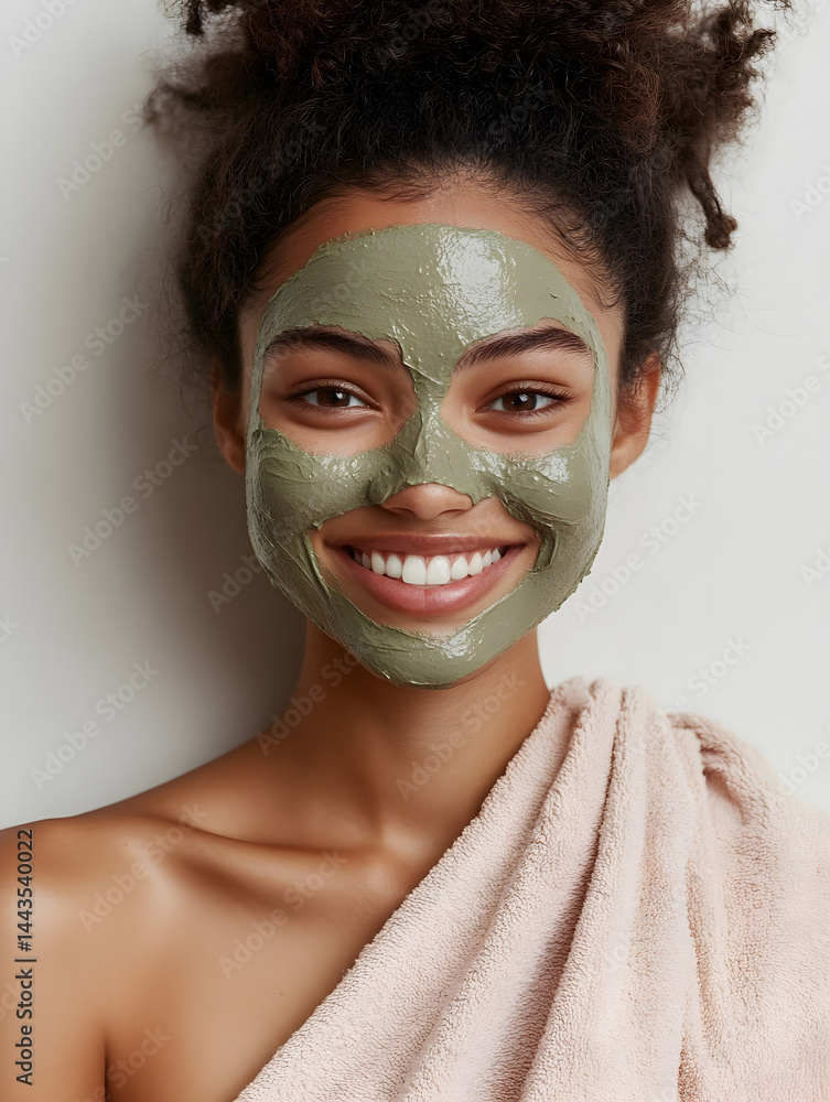 Fototapeta premium Woman with green facial mask smiling at camera indoors Generative AI