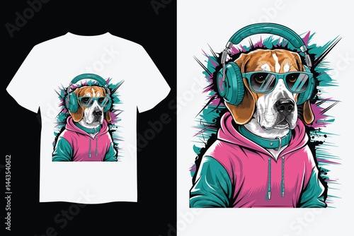 Cool Beagle: A beagle, stylishly attired in shades and headphones, projects a cool, modern vibe, the image suitable for fashion design and lifestyle themes.