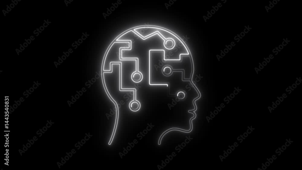 Glowing neon human head with circuit board brain animation concept of artificial intelligence and brain technology on black background Glowing neon human head with circuit board brain animation concept of artificial intelligence and brain technology on black background