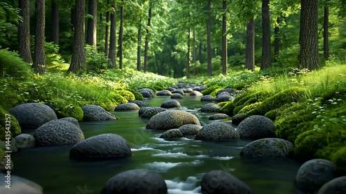 Serene forest stream with moss-covered rocks, ideal for tranquility, meditation, and nature retreats