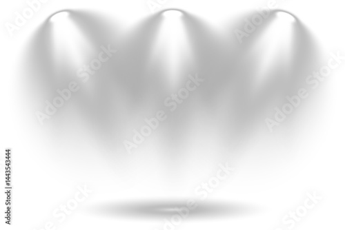 Overlay effects simulate professional studio illumination. Row of spotlights casts intense glow on dark floor. Each light source produces a precise directional beam. Vector elements highlight stage