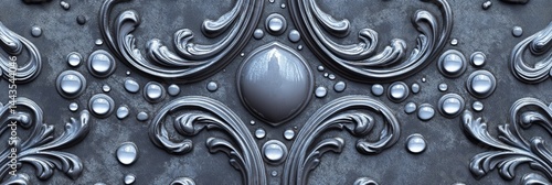 Seamless metallic relief pattern featuring ornamental baroque fountain motifs with water droplet shapes and swirling chrome flourishes on a textured dark background