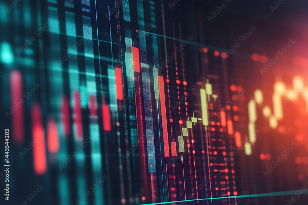 Vibrant financial market chart displaying fluctuating stock prices with colorful candlesticks Vibrant financial market chart displaying fluctuating stock prices with colorful candlesticks