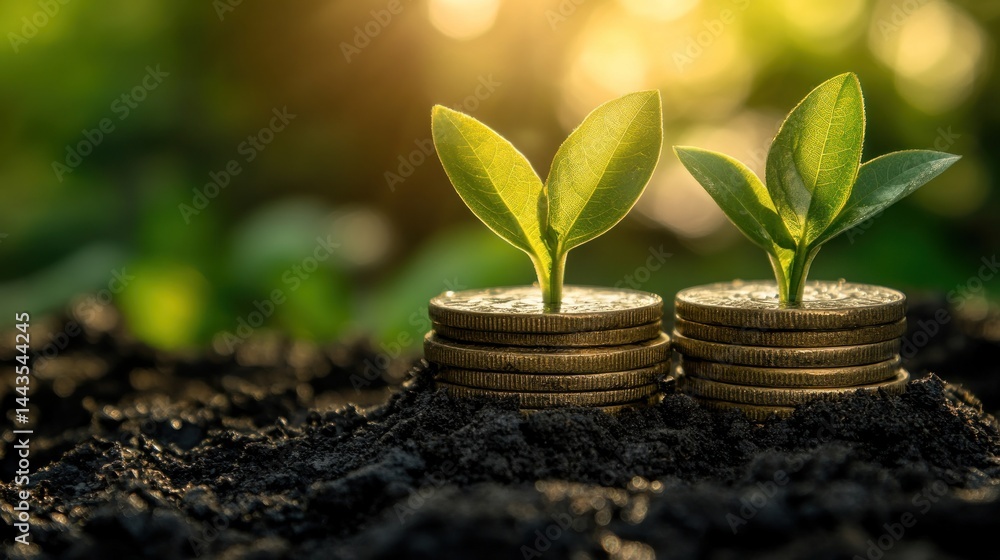 Sprout growing from coins in soil Sprout growing from coins in soil
