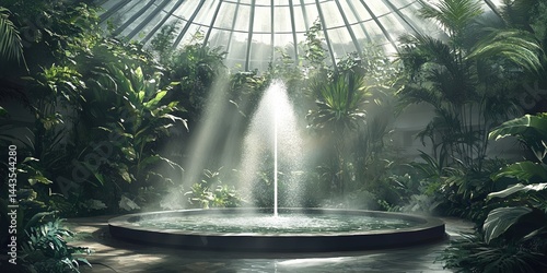 Serene indoor fountain under a glass dome surrounded by lush tropical greenery and soft natural sunlight