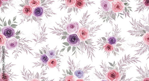 Watercolor pattern of rose bouquets and greenery in elegant and artistic style