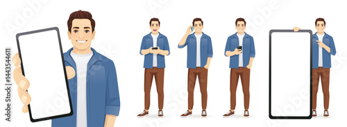 Portrait of young man poses wearing casual clothes holding mobile phone, talking, texting and showing empty screen isolated set vector illustration