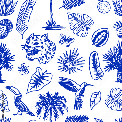 Seamless pattern with Japanese leopard or jaguar with tropical leaves, toucan, flamingo, hummingbird. Wild animal with plants. Tattoo illustration. Banner or poster for advertising or web