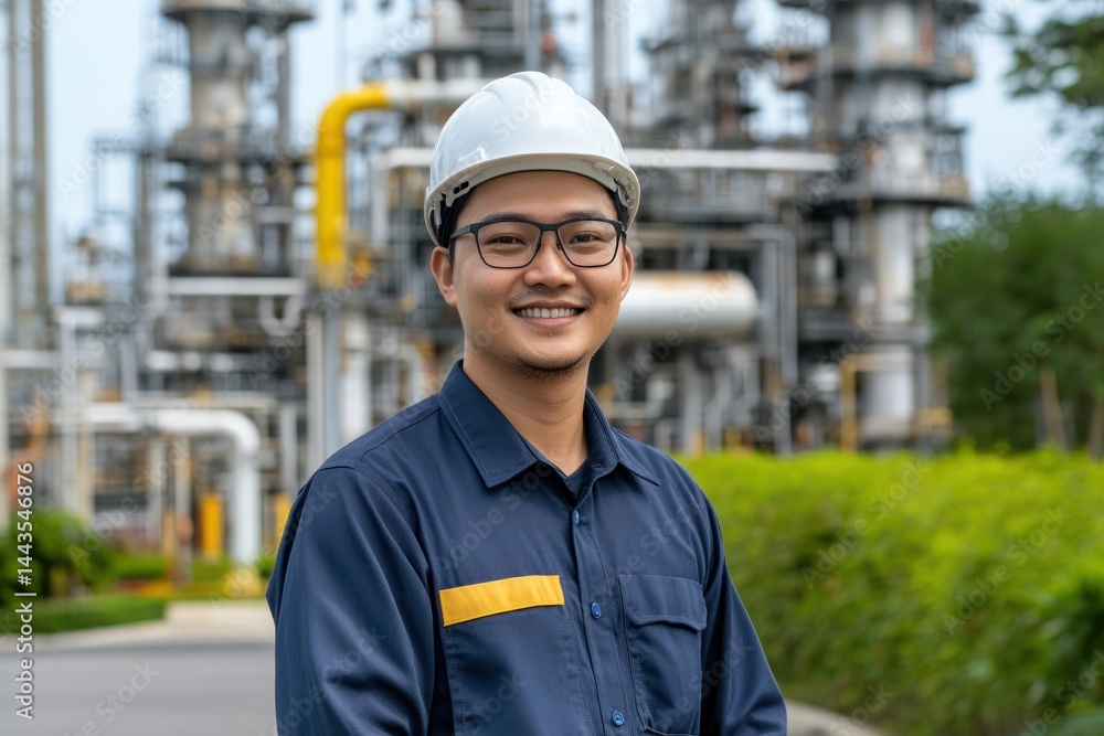 Smiling engineer in front of refinery plant Smiling engineer in front of refinery plant