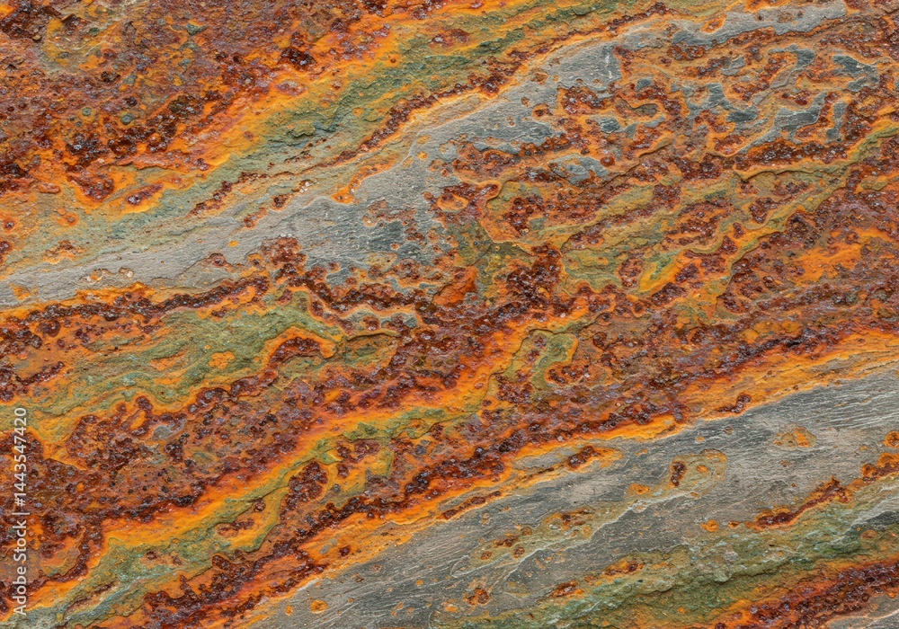 Macro shot of weathered metal surface with swirling patterns of vivid orange rust and subtle grey and green oxidation, concept of corrosion and decay.