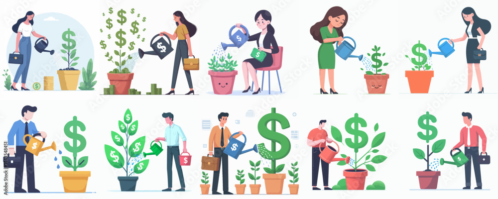 a happy person is watering a money shaped plant vector flatdesign style a happy person is watering a money shaped plant vector flatdesign style