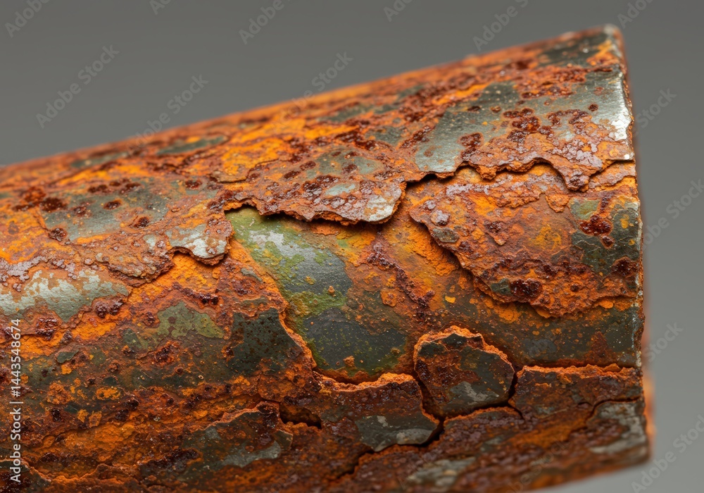 Macro shot showing the detailed layer of rust on a metal pipe as a visual representation of corrosion and wear, abstract texture for background.