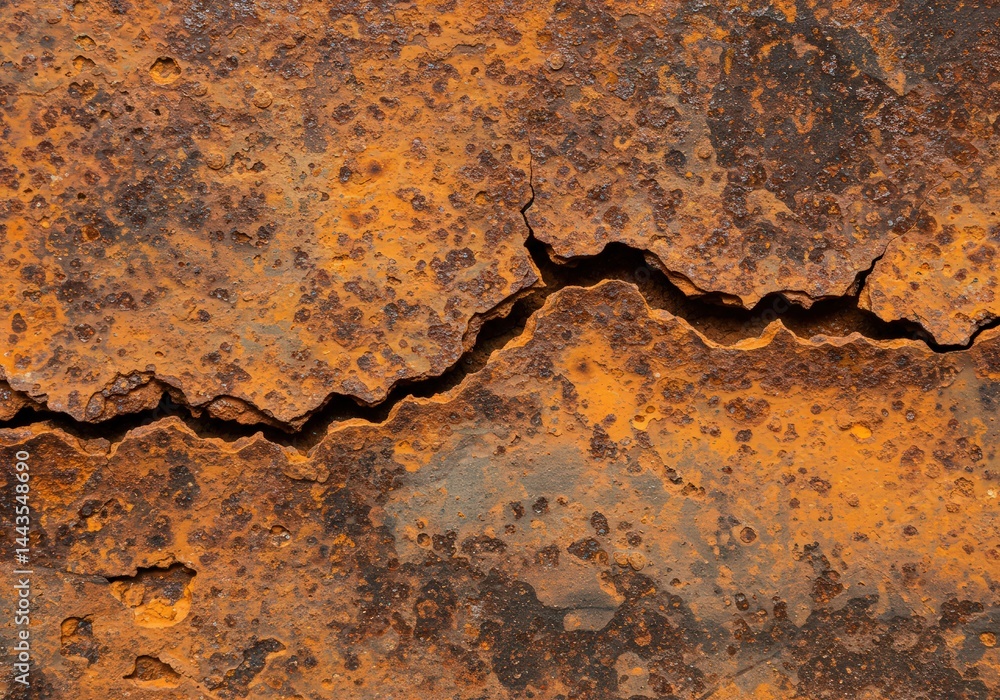 Rusty metal texture background with large crack. Concept of industrial decay, material deterioration, grunge surface, and aging process.