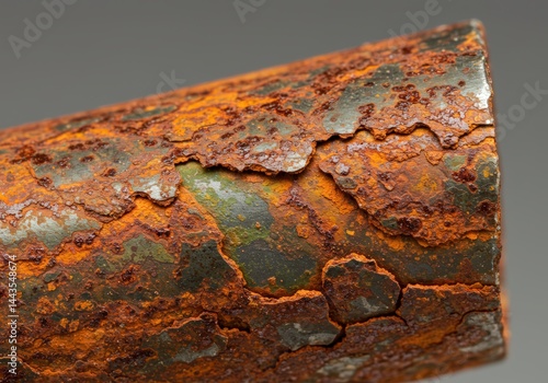 Macro shot showing the detailed layer of rust on a metal pipe as a visual representation of corrosion and wear, abstract texture for background.
