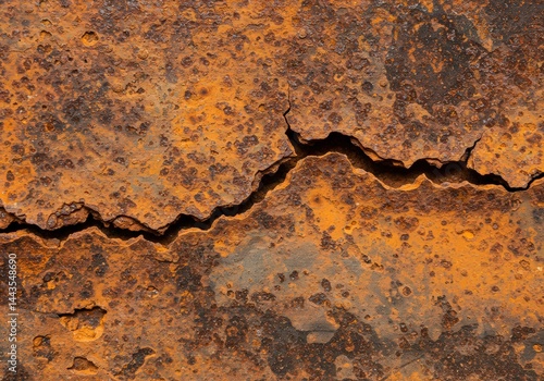 Obraz na płótnie Rusty metal texture background with large crack. Concept of industrial decay, material deterioration, grunge surface, and aging process. w salonie