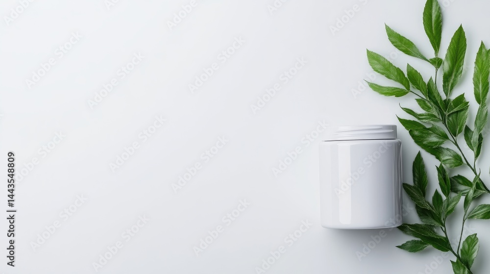 A white cosmetic jar with lid placed on a minimalistic surface, accompanied by fresh green leaves, and clean and natural skincare concept. A white cosmetic jar with lid placed on a minimalistic surface, accompanied by fresh green leaves, and clean and natural skincare concept.
