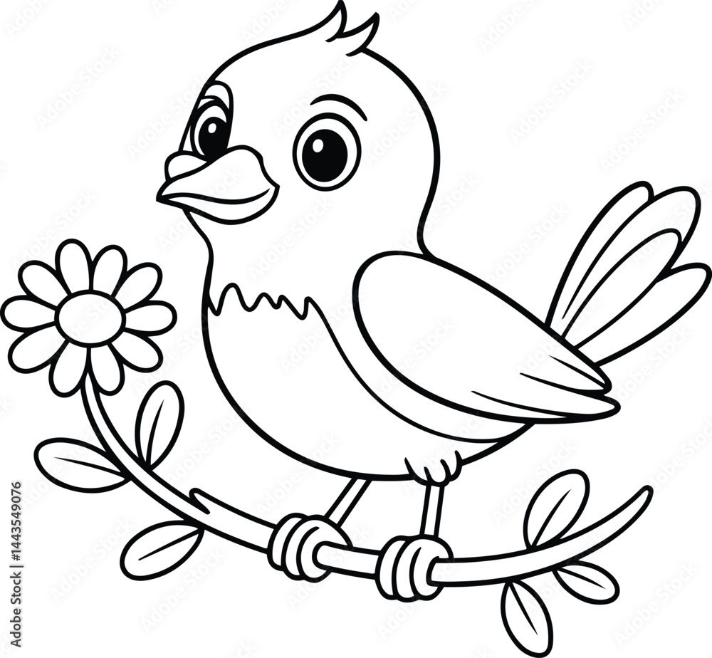 Cute Cartoon Bird with Flower on Branch line art drawing, kids coloring page design Cute Cartoon Bird with Flower on Branch line art drawing, kids coloring page design