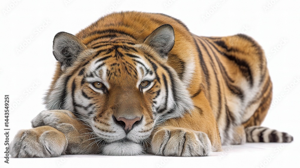 Obraz premium Majestic Tiger Lying on White Background in Calm and Relaxed Pose