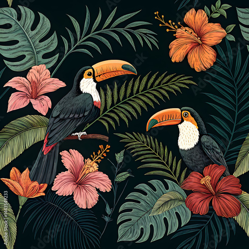 A vibrant and distinctive tropical pattern characterized by luxuriant palm leaves, exotic blossoms, and foliage.