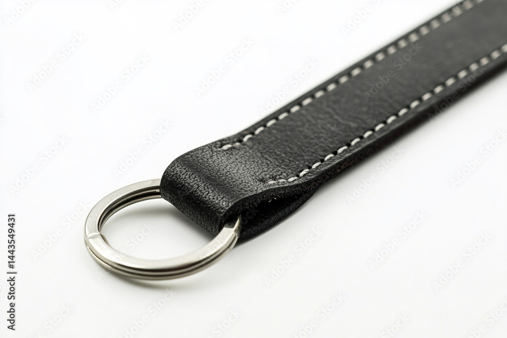 High-quality Black Leather Keyring with Metal Ring Close-up High-quality Black Leather Keyring with Metal Ring Close-up