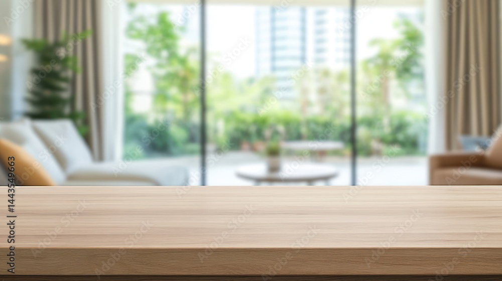 Fototapeta premium Empty wooden table in front of a blurred living room view