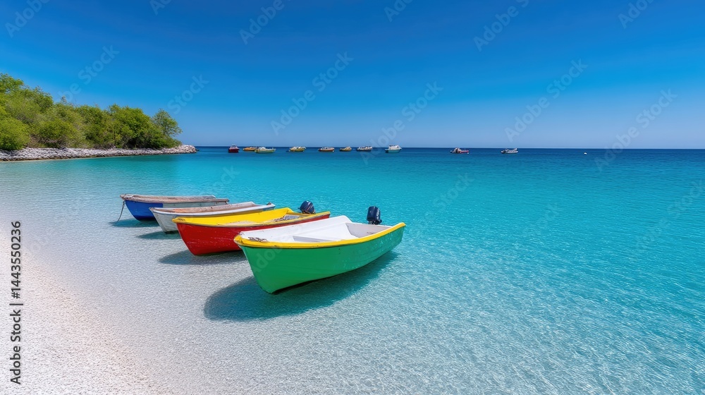 Naklejka premium Colorful boats anchored on pristine white sandy beach with clear turquoise water, sunny day with bright blue sky, and tropical paradise concept.