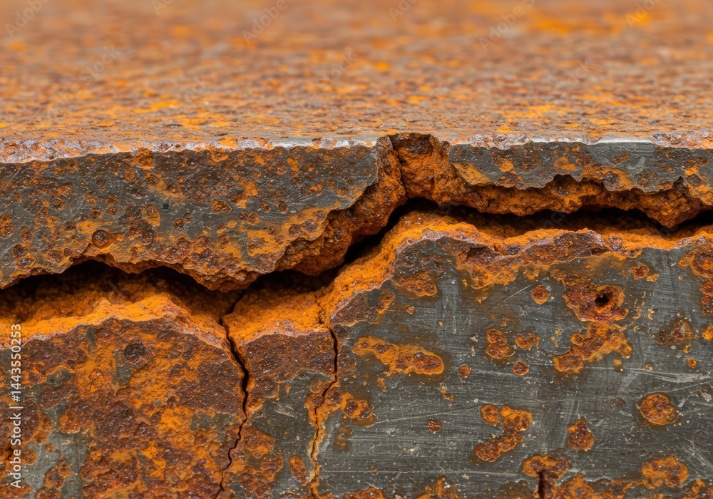 Close up abstract image of deep rust and cracks on corroded steel surface for textured industrial background or graphic design use.