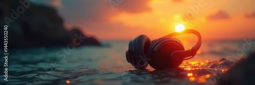 Oversized black headphones afloat, sun gleaming , audio, relaxation