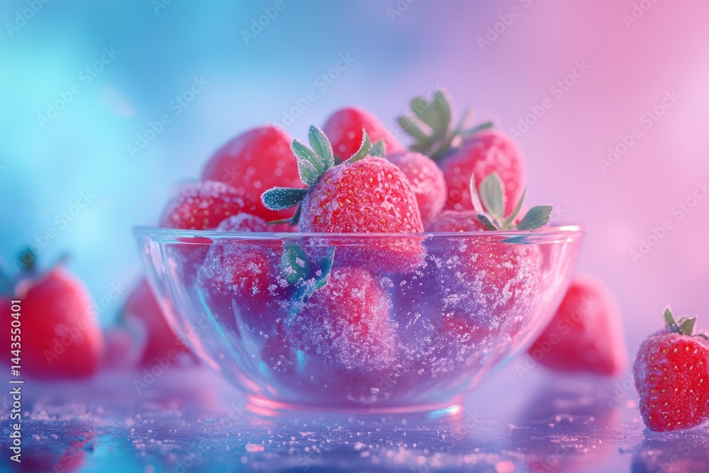 Fresh strawberries in a glass bowl with sugar crystals against a colorful background in a kitchen setting