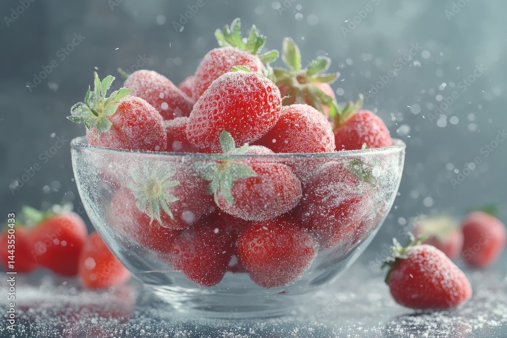 Fresh strawberries in a glass bowl with a sprinkle of sugar on a rustic background