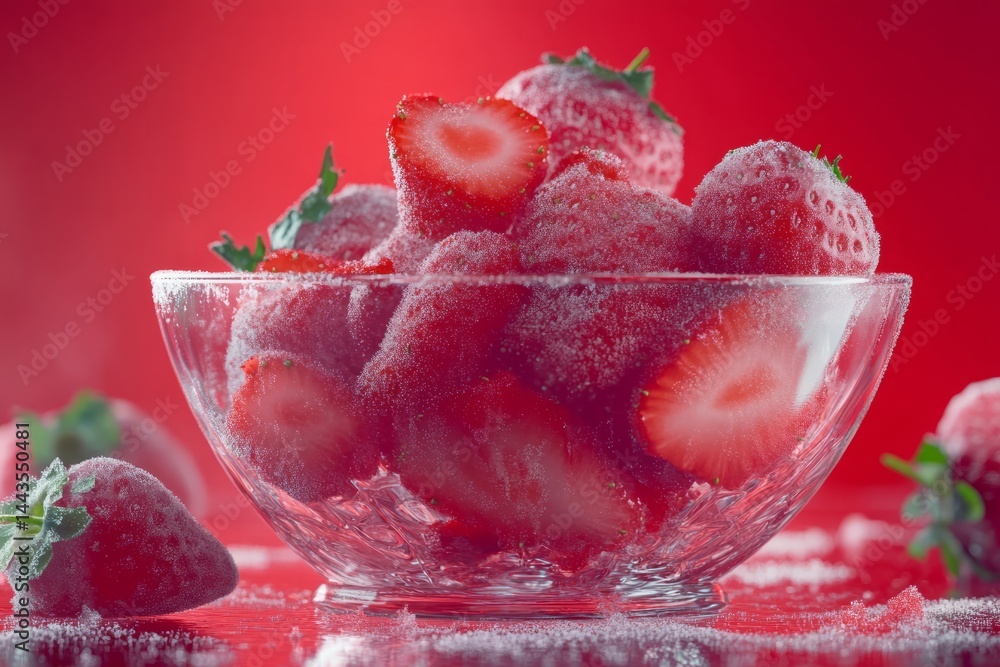 Fresh strawberries coated in sugar sit in a glass bowl against a vibrant red background