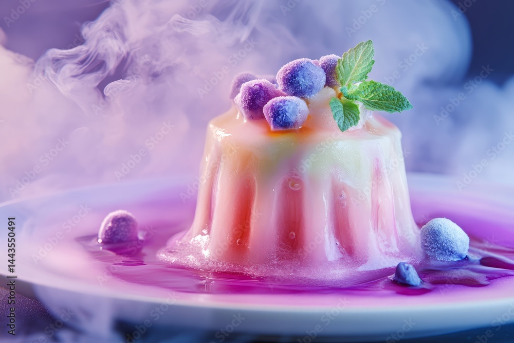 Delicate dessert with vibrant colors and frosted berries served on a plate surrounded by mist