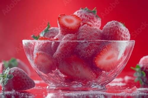 Obraz na płótnie Fresh strawberries coated in sugar sit in a glass bowl against a vibrant red background w salonie