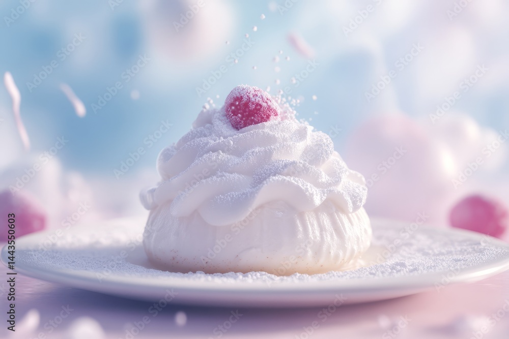 Delicious meringue dessert topped with raspberry and powdered sugar in a dreamy setting