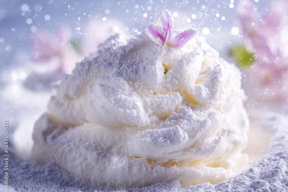 Delicate whipped cream topped with a flower adorns an elegant dessert display in a soft, dreamy ambiance