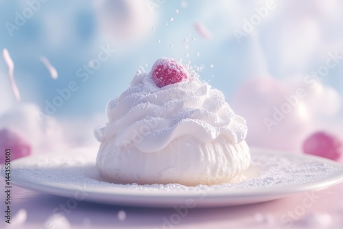 Obraz na płótnie Delicious meringue dessert topped with raspberry and powdered sugar in a dreamy setting w salonie