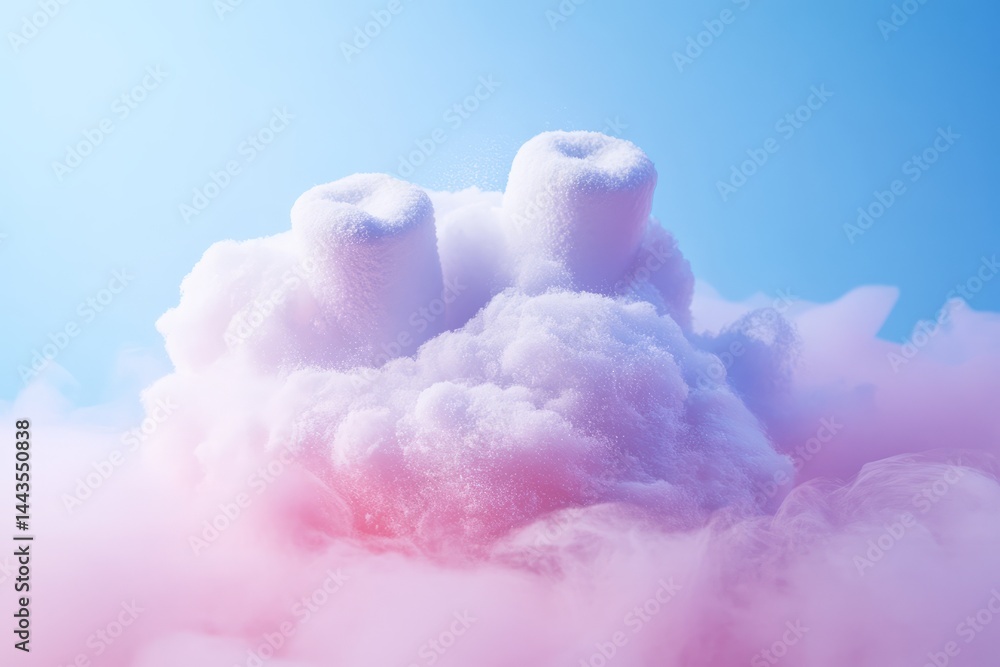 Colorful cotton candy cloud formation with whimsical shapes against a pastel blue background